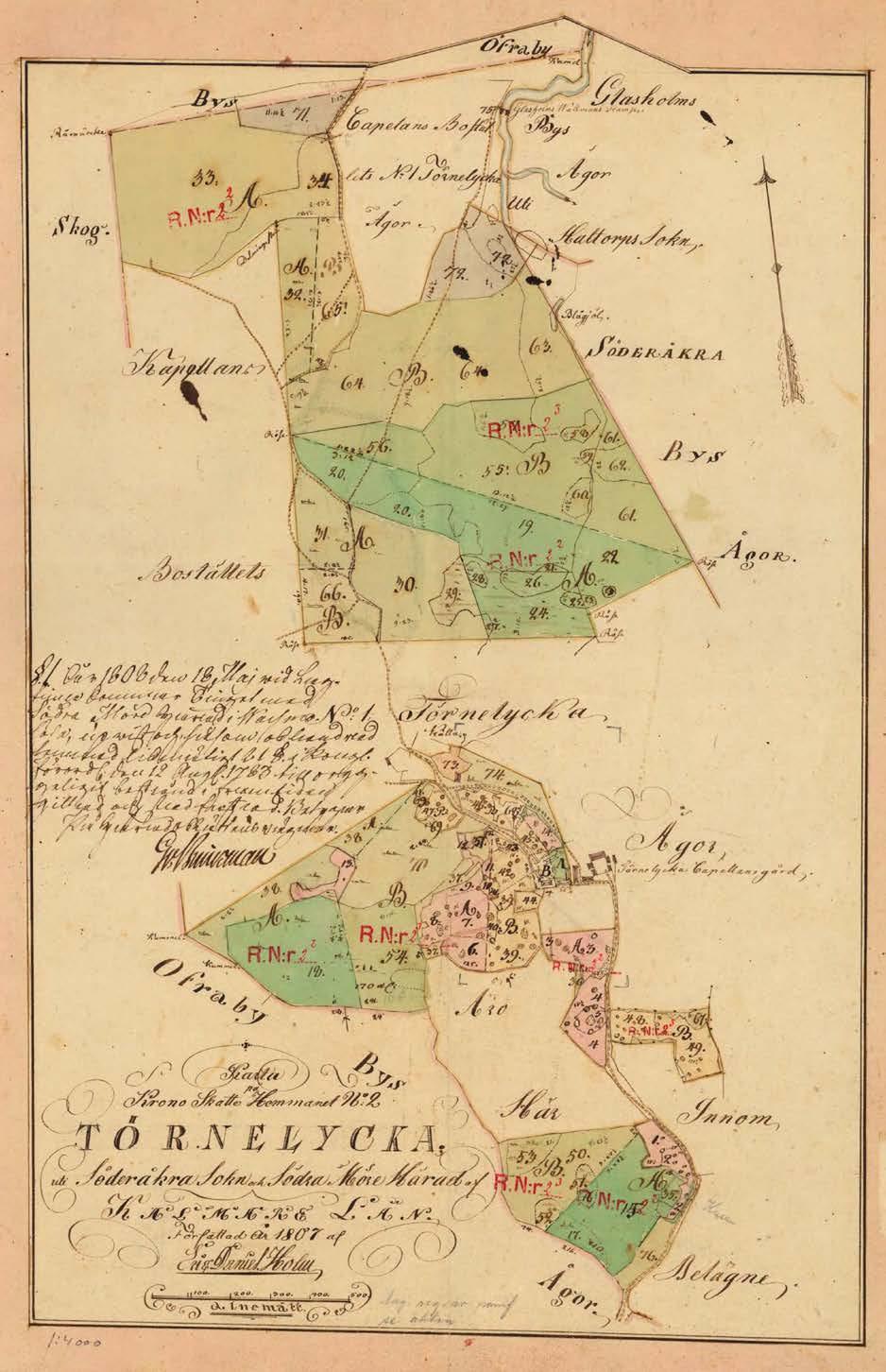 Kartan från 1808 visar tre gårdar centralt i byn.