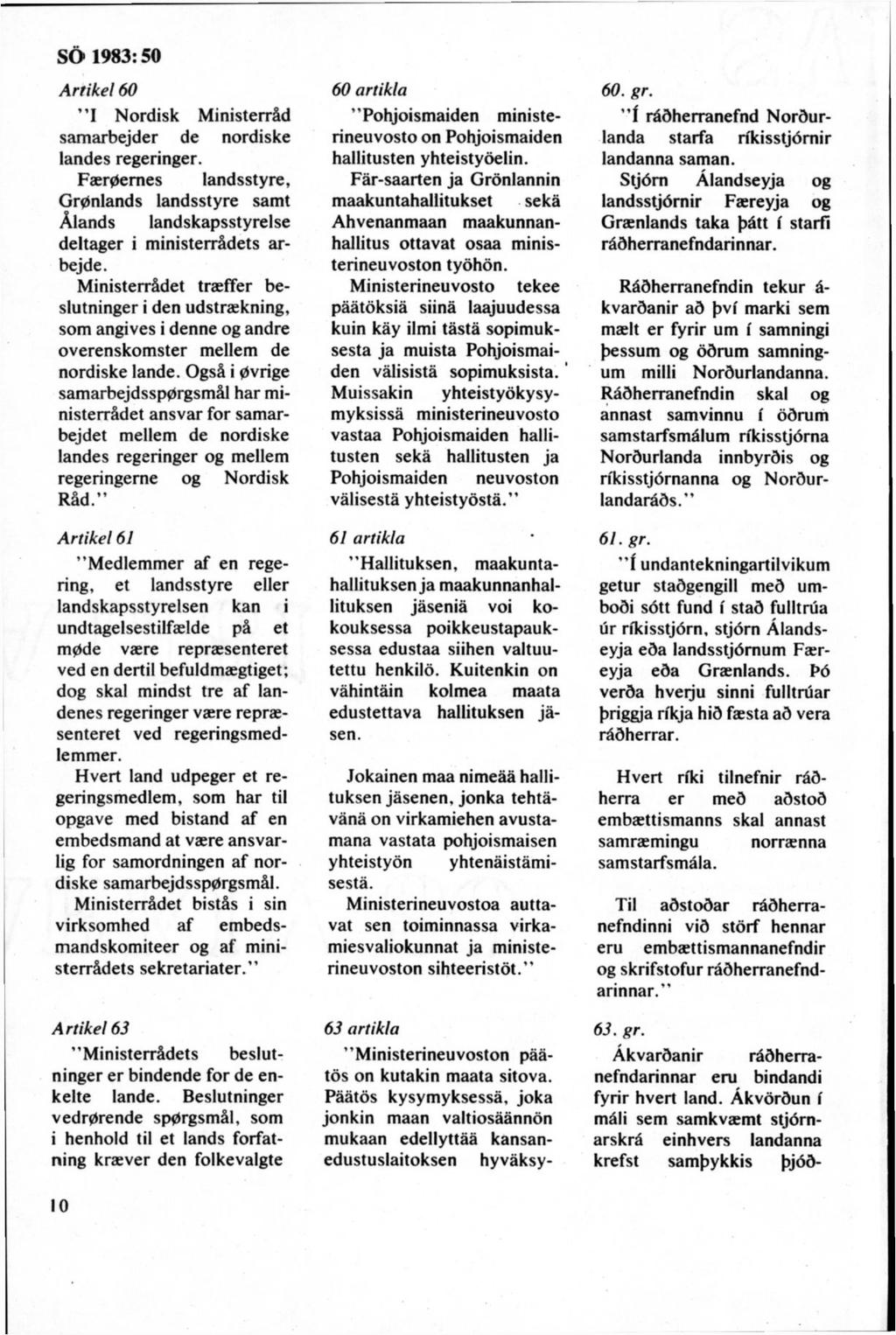 Artikel 60 1 Nordisk Ministerråd sam arbejder de nordiske landes regeringer. Faer0emes landsstyre, Grönlands landsstyre samt Ålands landskapsstyrelse deltager i ministerrådets arbejde.