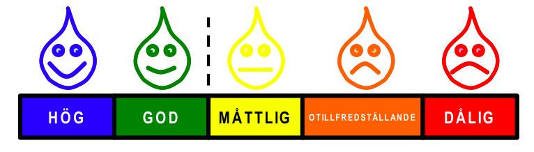 De fem möjliga ekologiska statusklasserna enligt ramdirektivet för vatten. Gränsen mellan god och måttlig är viktig då alla vattenförekomster som befinner sig under den gränsen kräver åtgärder.