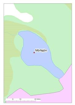 Mörtsjön Mörtsjön är liten, grund och humös (av humusämnen brunfärgad) skogssjö. Ytan är, km och avrinningsområdet uppgår till, km.