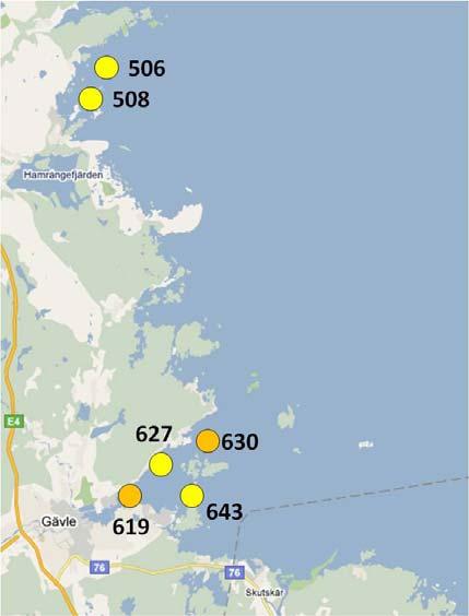 5. Kust Kuststationerna är sex till antalet, och den geografiska spridningen kan, tillsammans med aktuell statusklassificering (006-0), ses i Figur 4.