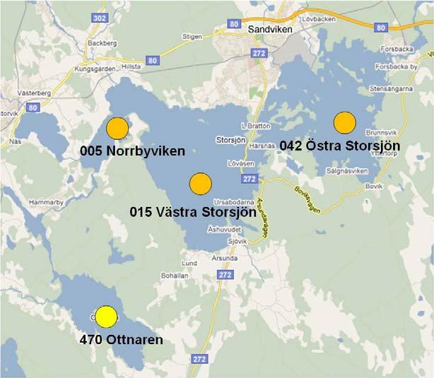 Figur 44. Geografisk översikt över sötvattensstationerna år 0. De färgade cirklarna indikerar klassificerad status.