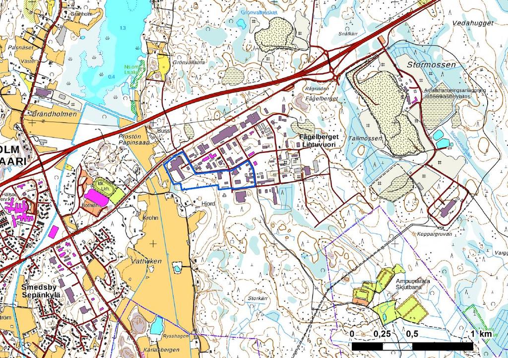 2 (16 anges på kartan nedan med blått. Av området är dryga 3 ha skogsområde och det övriga området består av bebyggda tomter.