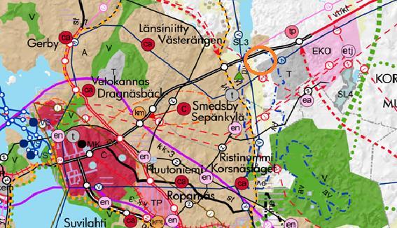 7 (16 Bild 5 Utdrag ur Österbottens landskapsplan 2040. Planeringsområdet har markerats med en orange cirkel.