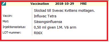 Markera vaccinationen på startsidan i vaccinationsmodulen och väj Visa för att säkerställa att kvittens är mottagen.