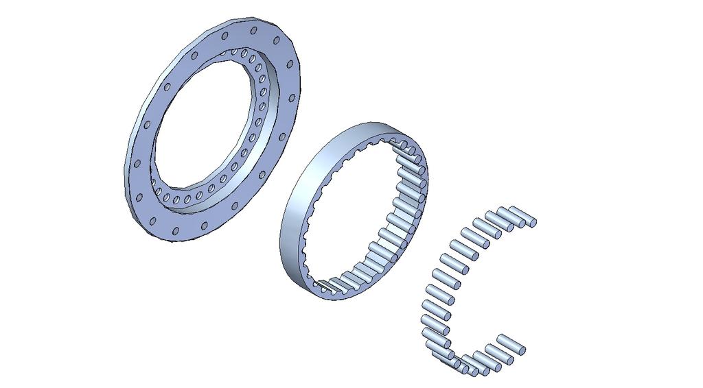 Figur 32. CAD-modell av ringen för cylinderkonceptet med ena halvan av flänsförbandet och ett antal cylindrar förskjutna. 3.3.2 Material Cylindrarna som används i rullager tillhandahålls i diametrar med 0,003 mm intervall, varför dessa är ett lämpligt val som underlättar tillverkningen av ytterringen avsevärt.