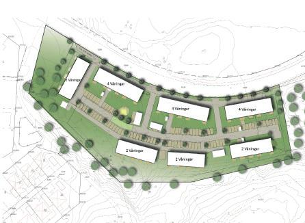 Exploatörens bebyggelseföreslag Exploatörerna Boklok Mark och exploatering AB förväntas uppföra sju stycken flerbostadshus inom planområdet.