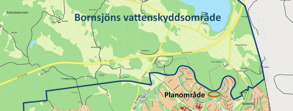 Betydande allmänna intressen Riksintressen Planområdet ingår inte i något riksintresse men gränsar till Bornsjöns vattenskyddsområde.