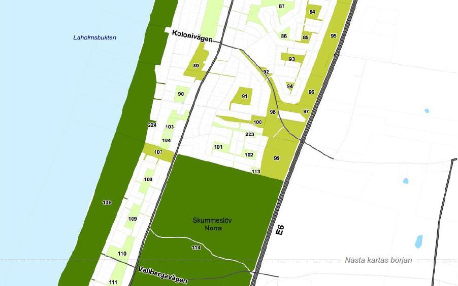 Möjliga kompensationsområden (utsnitt från grönområdesutredningen) i södra Mellbystrand och norra Skummeslövsstrand, markerade med blå pil.