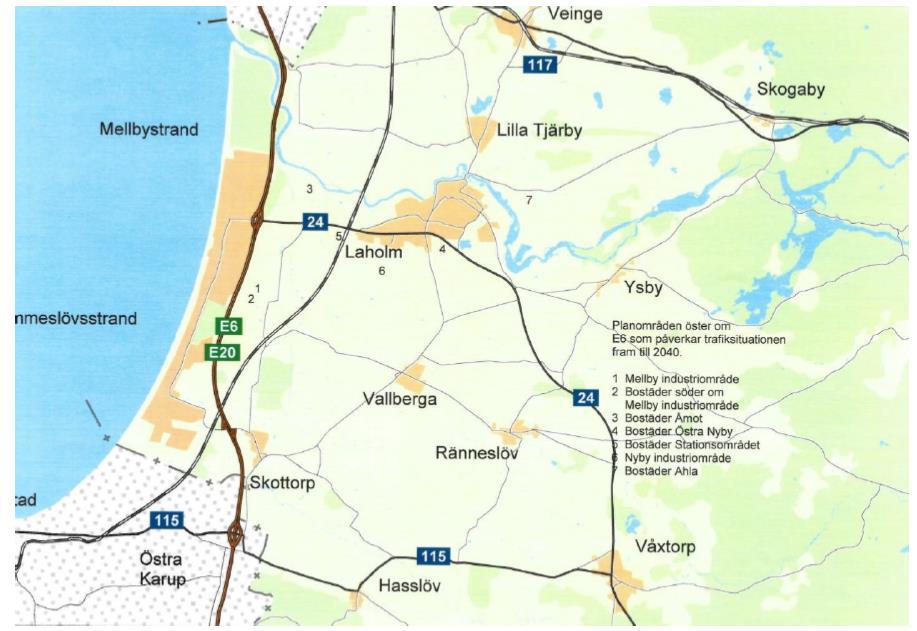 Syftet med trafikutredningen är att kartlägga och beräkna den tillkommande trafiken från planerad exploatering, samt att utföra kapacitetsberäkningar i fyrvägskorsningen väg 24/E6:ans västra av- och