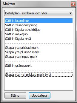 I Topocad detaljplan finns två menyer med, dels den kallad detaljplan som avser gränser och dels den som heter detaljplan, symboler och ytor som har andra typer av objekt.