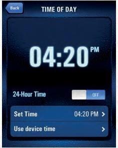 På nästa skärm kan du sedan ställa in tiden manuellt eller välja"use Device Time" (Använd enhetstid). Du kan också välja att byta till 24-timmarstid.
