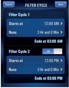 INSTÄLLNING AV FILTRERINGSCYKLER Välj ikonen för filtreringscykler från inställningsmenyn.