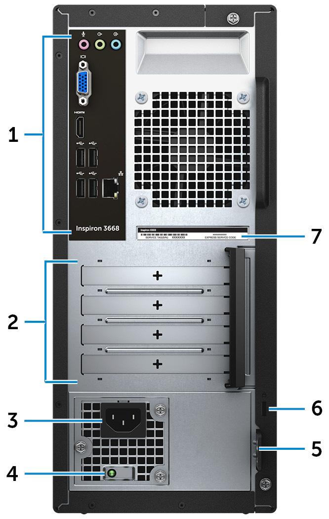 Baksida 1 Bakpanel Anslut USB-, ljud- och videoenheter och andra enheter. 2 Kortplatser för expansionskort Ger åtkomst till portarna på alla installerade PCI Express-kort.