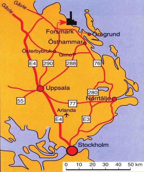 Karta över Forsmarksområdet Vägavstånd till Forsmark från: Östhammar 25 km Uppsala 90 km (väg 288) Uppsala 75 km (väg 290) Gävle 80 km Norrtälje 90 km Bussförbindelser Forsmark - Gävle 753 Forsmark -