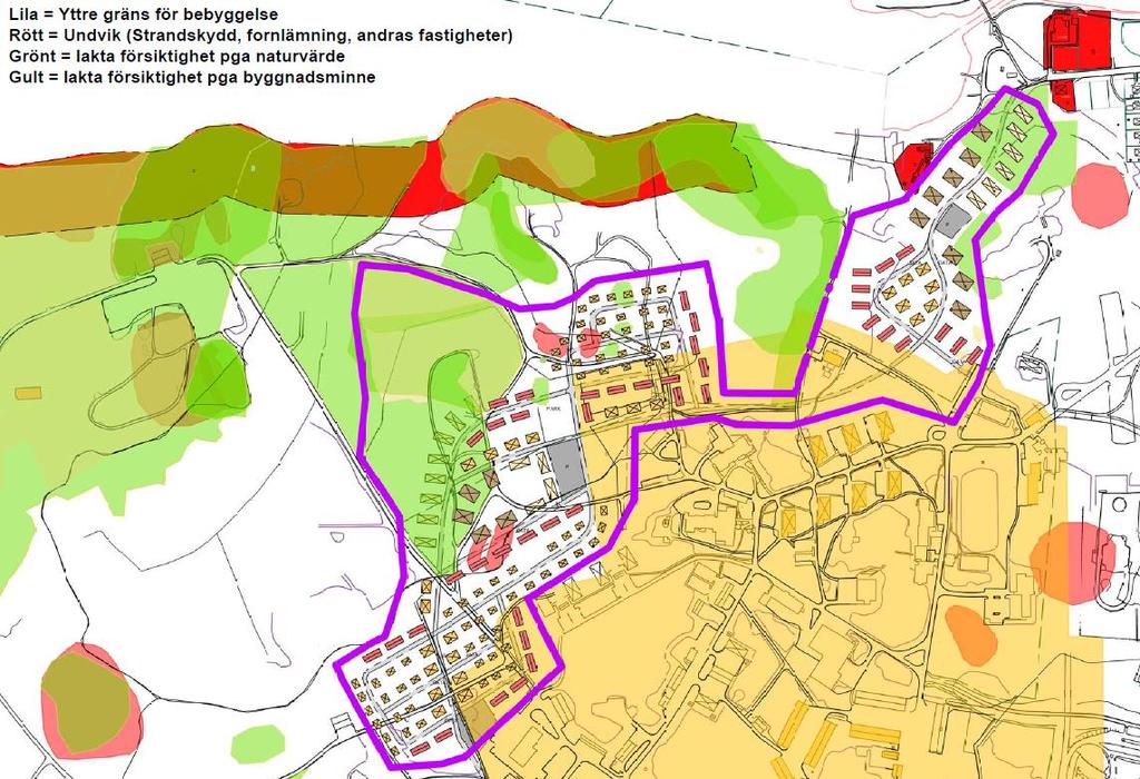 3 Gränsdragning och områdesindelning Inom området planeras nybyggnation av bostäder och tillhörande infrastruktur, dock med ett antal restriktioner i form av naturvärden, byggnadsminnen och