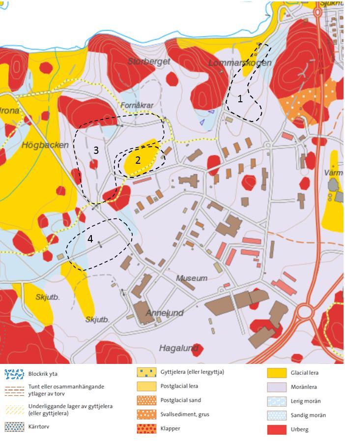 Figur 3.2 Områdesindelning utifrån jordarter och utförda undersökningar.