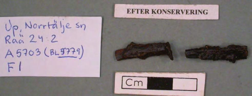 Den ena saknar spets, den andra saknar både spikhuvud och spets. Längd; 22 resp. 25 mm. Fnr. 2 Spik Lång spik med fyrkantigt spikhuvud. Längd; 52 mm.