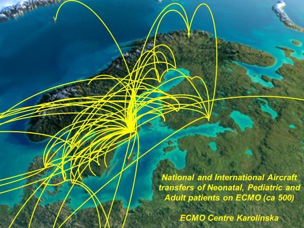 Air corridors of 560 fixed wing and 38 helicopter transports performed by our mobile ECMO organization.