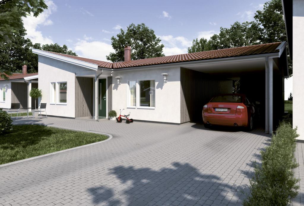 SKALA 1:200 ustyp yllinge 104 m 2 ENTRÉFASAD TRÄDGÅRDSFASAD Lättskött villa med modern karaktär Detta innehållsrika och planeffektiva parhus är speciellt anpassat för dig som vill leva med hög