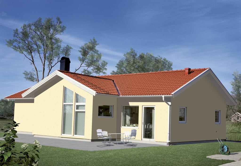 ustyp Ölmanäs 121 m 2 TRÄDGÅRDSFASAD med ryggåstak i vardagsrum som tillval ENTRÉFASAD En skön liten villa Liksom Almenäs är Ölmanäs baserat på grundidén att villan ska vara öppen och tillgänglig för