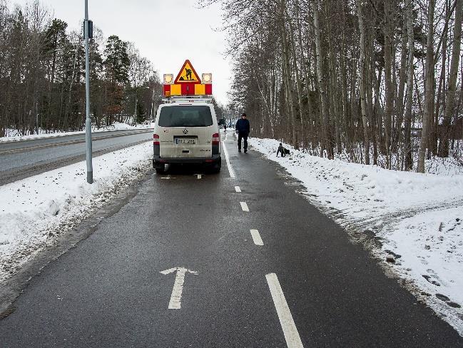 Figur 71. Exempel på en sopsaltad gång- och cykelväg (till vänster) som på grund av mycket snönederbörd och låga temperaturer, tillfälligtvis plogats och sandats i stället.