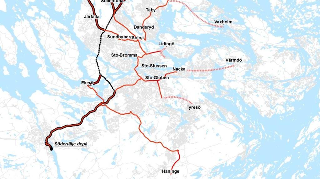 %. Streckad väg avser Förbifarten och röd/svart-markerade