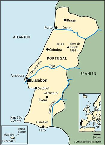 Yta 92 100 km2 (2017) Tid svensk - 1 timme Angränsande land/länder Spanien Huvudstad med antal invånare Lissabon 475 300 utan förstäder (uppskattning 2012) Övriga större städer Porto 219 000 utan
