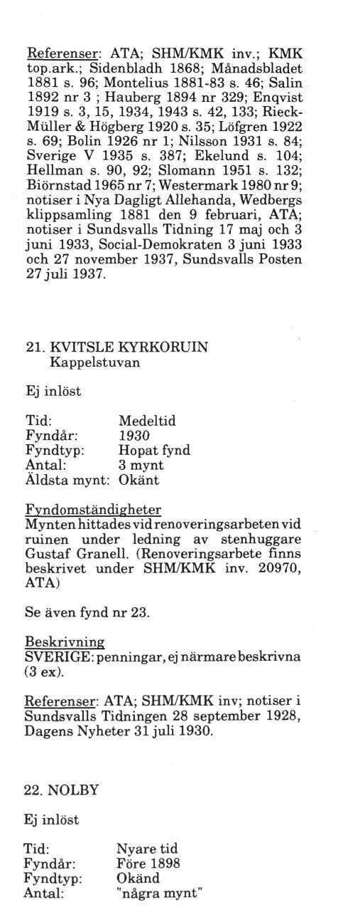 Referenser: ATA; SHM/KMK inv.; KMK top.ark.; Sidenbladh 1868; Månadsbladet 1881 s. 96; Montelius 1881-83 s. 46; Salin 1892 nr 3 ; Hauberg 1894 nr 329; Enqvist 1919 s. 3, 15, 1934, 1943 s.