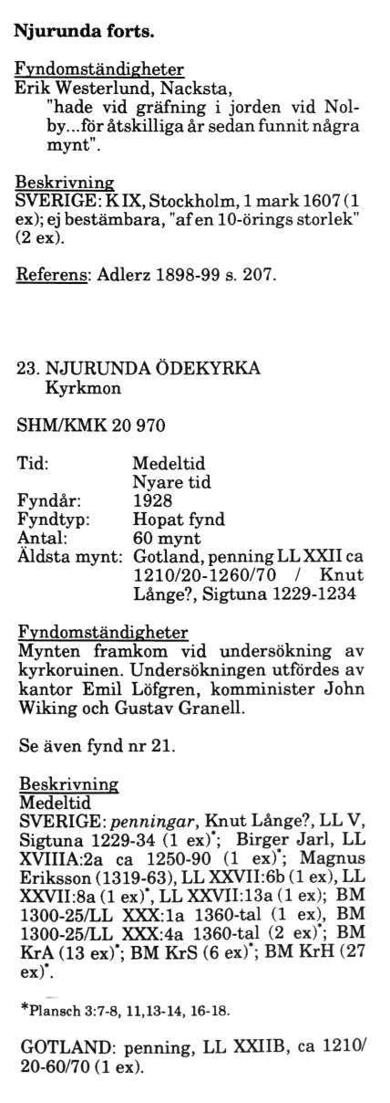 Njurunda forts. Erik Westerlund, Nacksta, "hade vid gräfning i jorden vid Nolby...för åtskilliga år sedan funnit några mynt".
