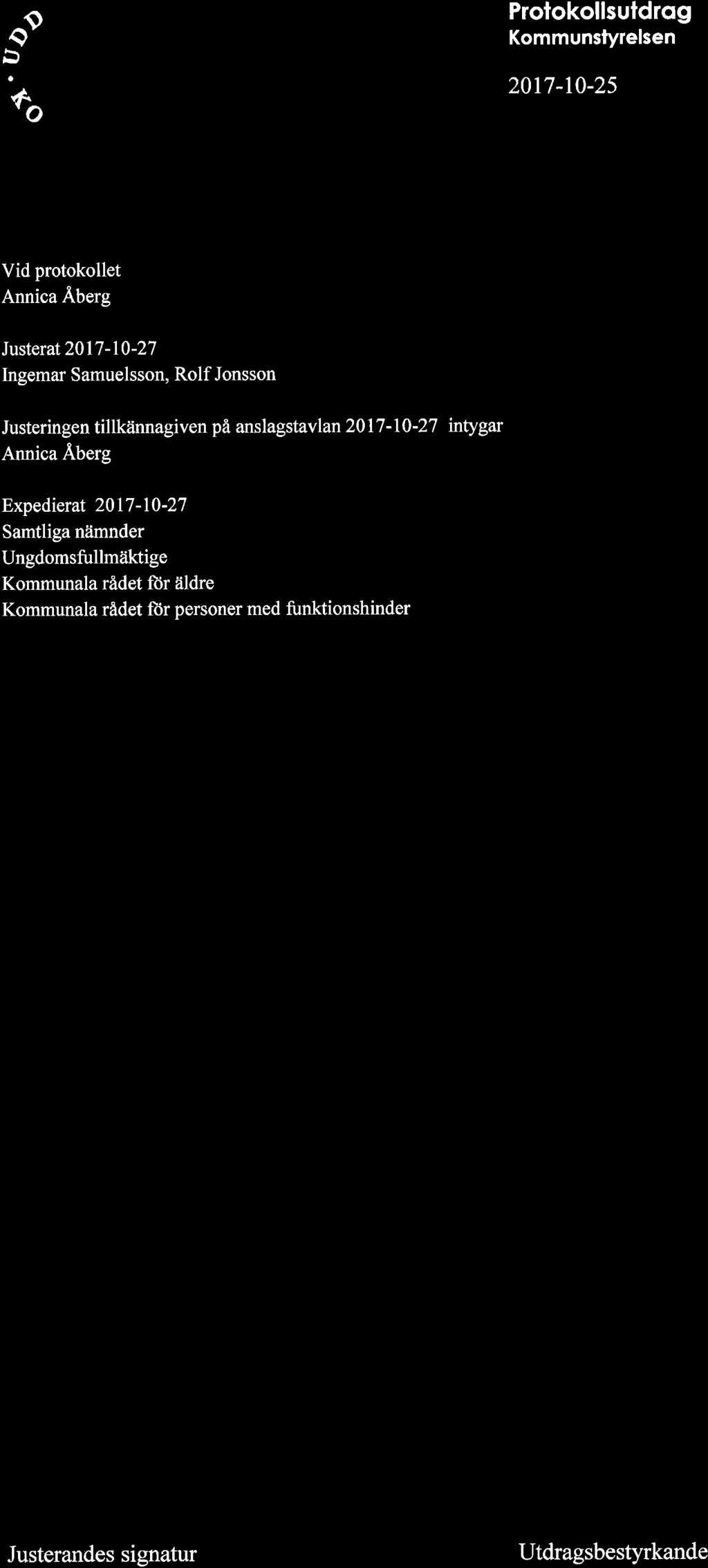 f bl %ffi: Prolokollsuldrog Kommunslyrelsen 2017-10-25 Vid protokollet Annica Åberg Justerat 2017-10-27 Ingemar Samuelsson, Rolf Jonsson Justeringen tillkåinnagiven på anslagstavlan 2017-10-27