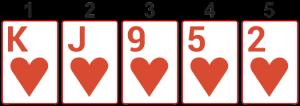 Färg Fem kort i samma färg Färg jämförs först efter högsta valör (1), och om det är samma gäller näst högsta valör (2) och så vidare (3,4,5) Stege Fem kort i följd