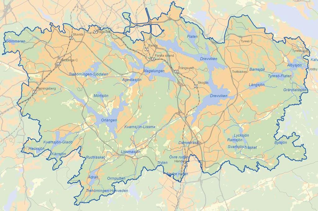 Tyresåns sjösystem Tätbefolkat och sjörikt Tyresåns avrinningsområde är 220 km 2 stort och omfattar cirka 30 sjöar inom ett för svenska förhållanden tättbefolkat och urbant påverkat område.