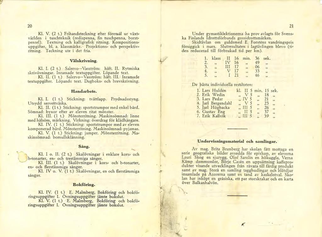 20 Kl. V. (2 t.) Frihandsteckning efter föremål ur växt,. världen ituschteknik (redispenna, fin tuschpenna, borst pensel). Textning och kalligrafisk ritning. Kompositions uppgifter, bl. a. klassmärke.