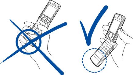 Obs! Liksom med andra radiosändare bör du undvika onödig kroppskontakt med antennen när telefonen är påslagen.