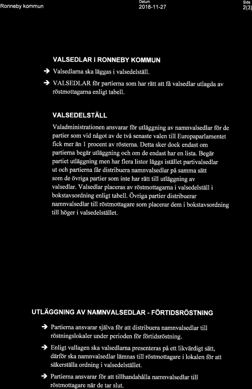 Datum Ronneby kommun 2018-11-27 2(3) VALSEDLAR I RONNEBY KOMMUN ) Valsedlarna ska läggas i valsedelställ.