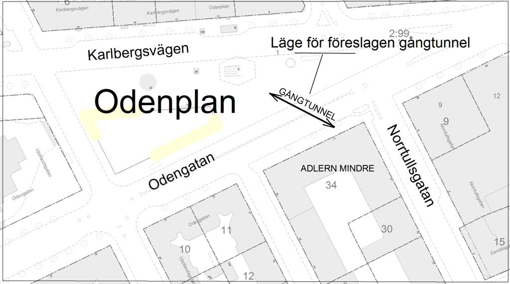 Sida 3 (9) aktualiserades planerna på en gångtunnel under Odengatan för att hantera flödet av resenärer.