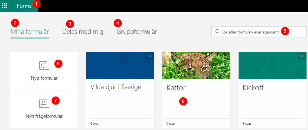 Startsidan På startsidan finns Mina formulär (2), formulär som Delas med mig (3), Gruppformulär (4) och en sökruta (5).