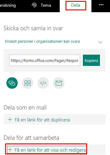 Samarbeta i formulär Ni kan vara fler som arbetar samtidigt eller enskilt i samma formulär och alla kan då redigera, lägga till frågor, visa svar och även dela vidare. 1.