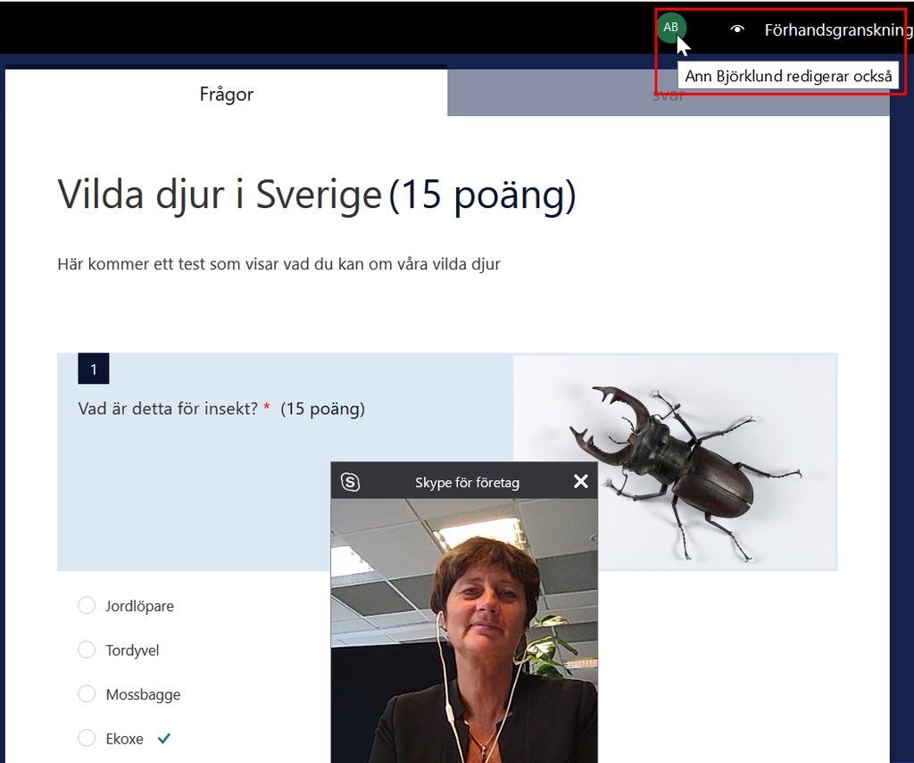 När din kollega ändrar något, ser du dennes initialer intill själva frågan.