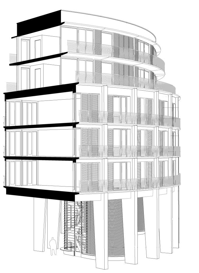 7 (11) S-Dp 2004-15720-54 Bostadsbebyggelsen Den cirkulära byggnadens fasad utgörs av ett ramverk med pelarsystem, kontinuerliga smala balkonger och stora fönsterpartier.