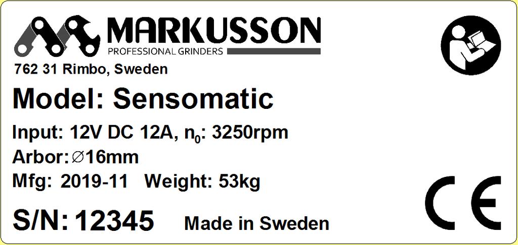 Introduktion 1.5 Namnskylt Denna namnskylt är placerad på sliphuvudet på Auto Chain Grinder. 1.6 Återvinning Denna symbol visar att elektrisk och elektronisk utrustning inte får kasseras som osorterat kommunalt avfall.