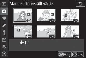 D Mäta manuellt förinställt värde för vitbalans Manuellt förinställt värde för vitbalans kan inte mätas medan HDR- eller multiexponeringsfotografering pågår.