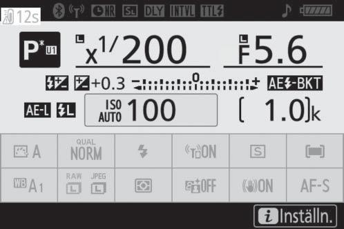 Informationsdisplayen 1 2 3 4 5 6 7 8 19 18 17 16 15 14 1 Fotograferingsläge...69 2 Indikator för flexibelt program...70 3 Användarinställningsläge...73 4 Ikon för slutartidslås.