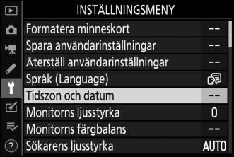 4 Välj Tidszon och datum. Markera Tidszon och datum och tryck på 2. 5 Välj en tidszon.