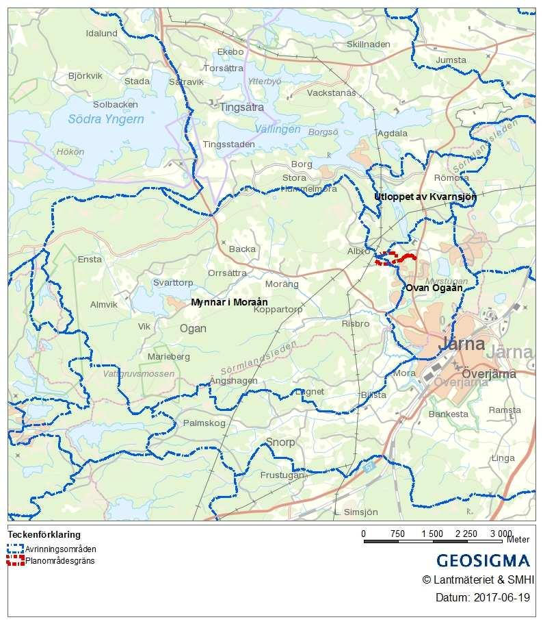 Figur -6. Karta över grundvattenavrinningsområden i planområdets närhet. Figur -7 visar antagna naturliga flödesriktningar för avrinnande ytvatten baserat på topografiska förhållanden.