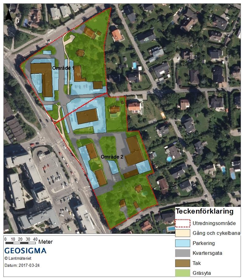 3 Områdesbeskrivning och avgränsning 3.1 Markanvändning Befintlig och planerad Utredningsområdet omges av bland annat villor och handelsområden.