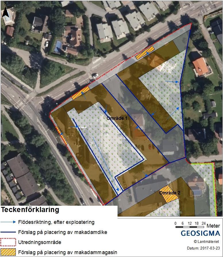 Figur 5-4. I Område 1 anläggs makadamdiken på innegårdarna och längs lokalgatan för att fördröja och rena dagvattnet samt makadammagasin längs Gamla Norrtäljevägen och Enebybergsvägen. 5.2.