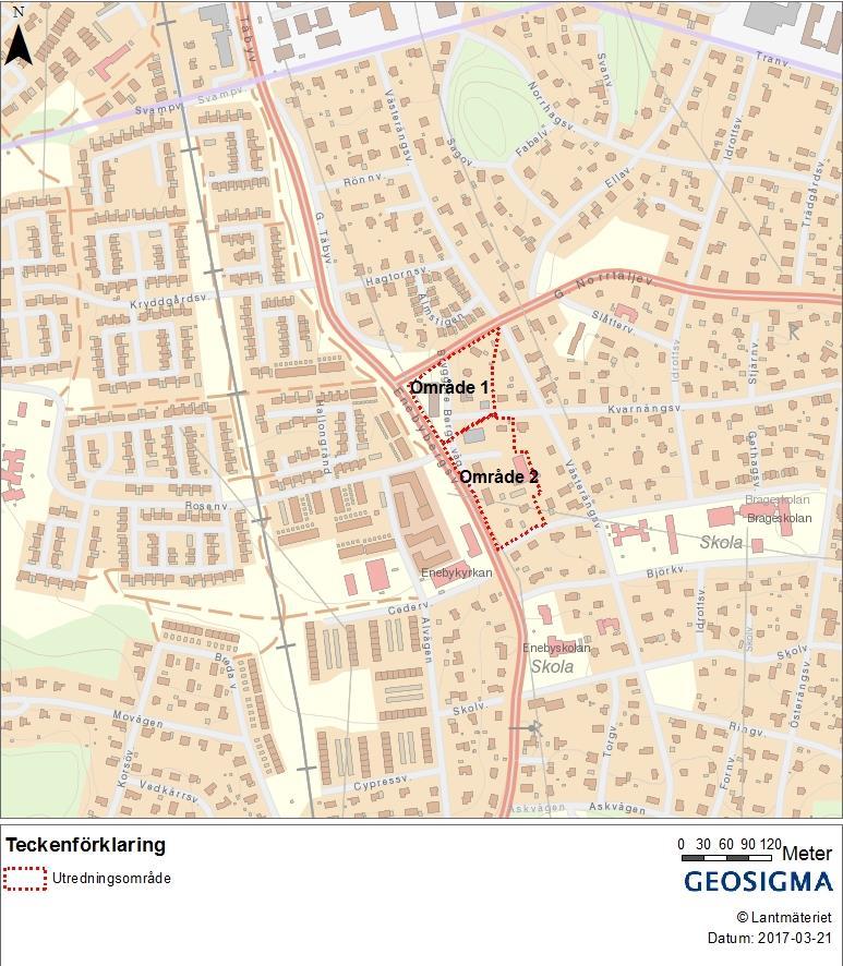 Figur 1-1. Översiktskarta med ungefärlig placering av utredningsområdet (Område 1 och Område 2), markerat med en rödstreckad polygon. 1.1 Allmänt om dagvatten Dagvatten definieras som ett tillfälligt förekommande vatten som avrinner markytan vid regn och snösmältning.