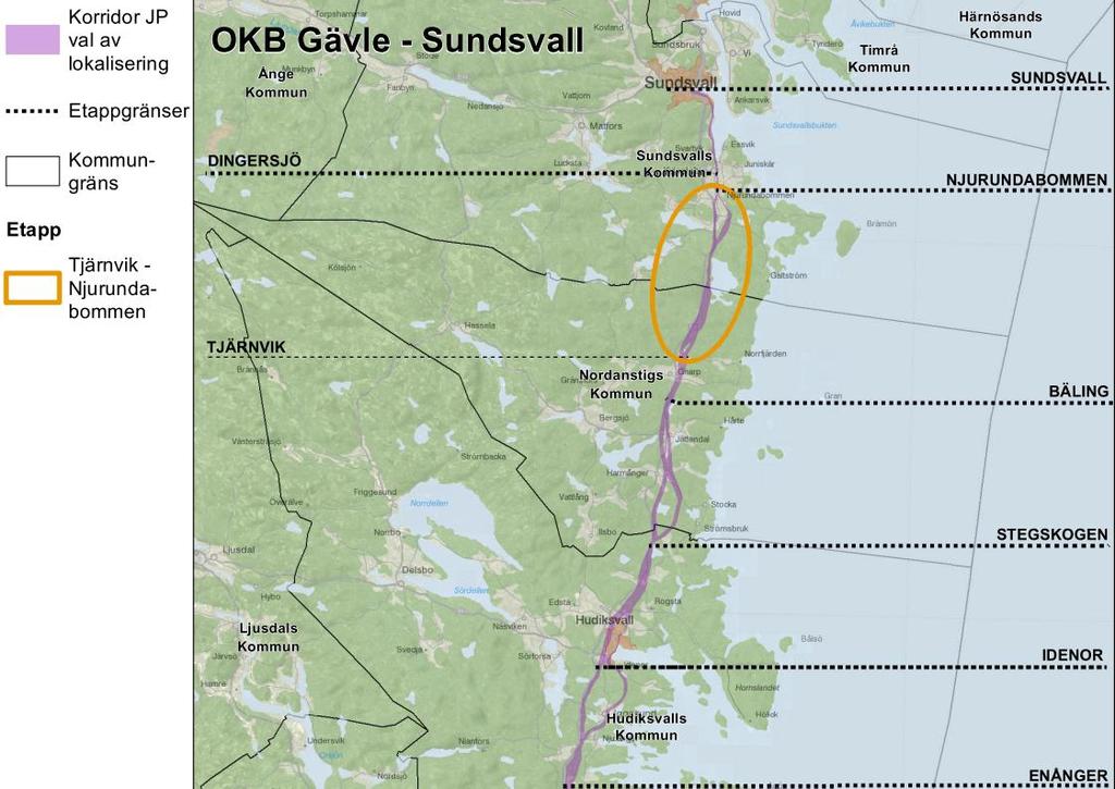 Tabell 2.2-1. Etapper, Gävle-Sundsvall Etappgräns Längd (cirka) Aktuellt läge i planläggningsprocessen Sundsvall-Dingersjö 14 km Järnvägsplan, planförslag tas fram 2015-2019. Byggstart 2023.